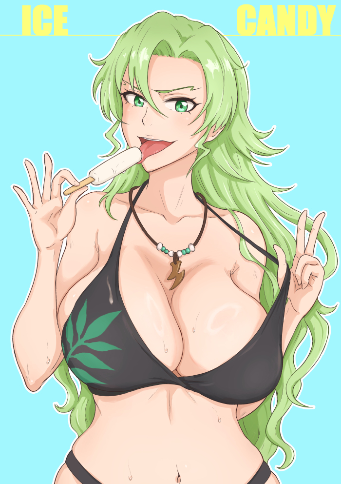 1girl bare_shoulders bikini bleach bleach:_brave_souls bleach:_sennen_kessen-hen breasts candice_catnipp collarbone english_text female_focus food green_eyes green_hair jewelry kuzi_(artist) large_breasts long_hair looking_at_viewer navel necklace official_alternate_costume open_mouth peace_symbol popsicle quincy_(bleach) simple_background sternritter swimsuit tongue tongue_out upper_body wet
