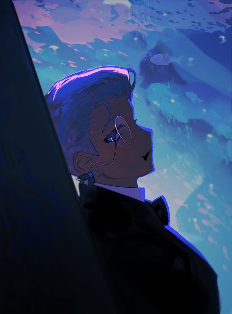 1bitheart :3 black_bow black_bowtie black_jacket black_suit blue_background bow bowtie collared_shirt colored_eyelashes fish formal_clothes grey_eyes jacket korean_commentary looking_at_viewer male_focus monocle open_mouth original purple-framed_eyewear purple_hair sasi_mozzi1 shirt short_hair solo suit upper_body very_short_hair