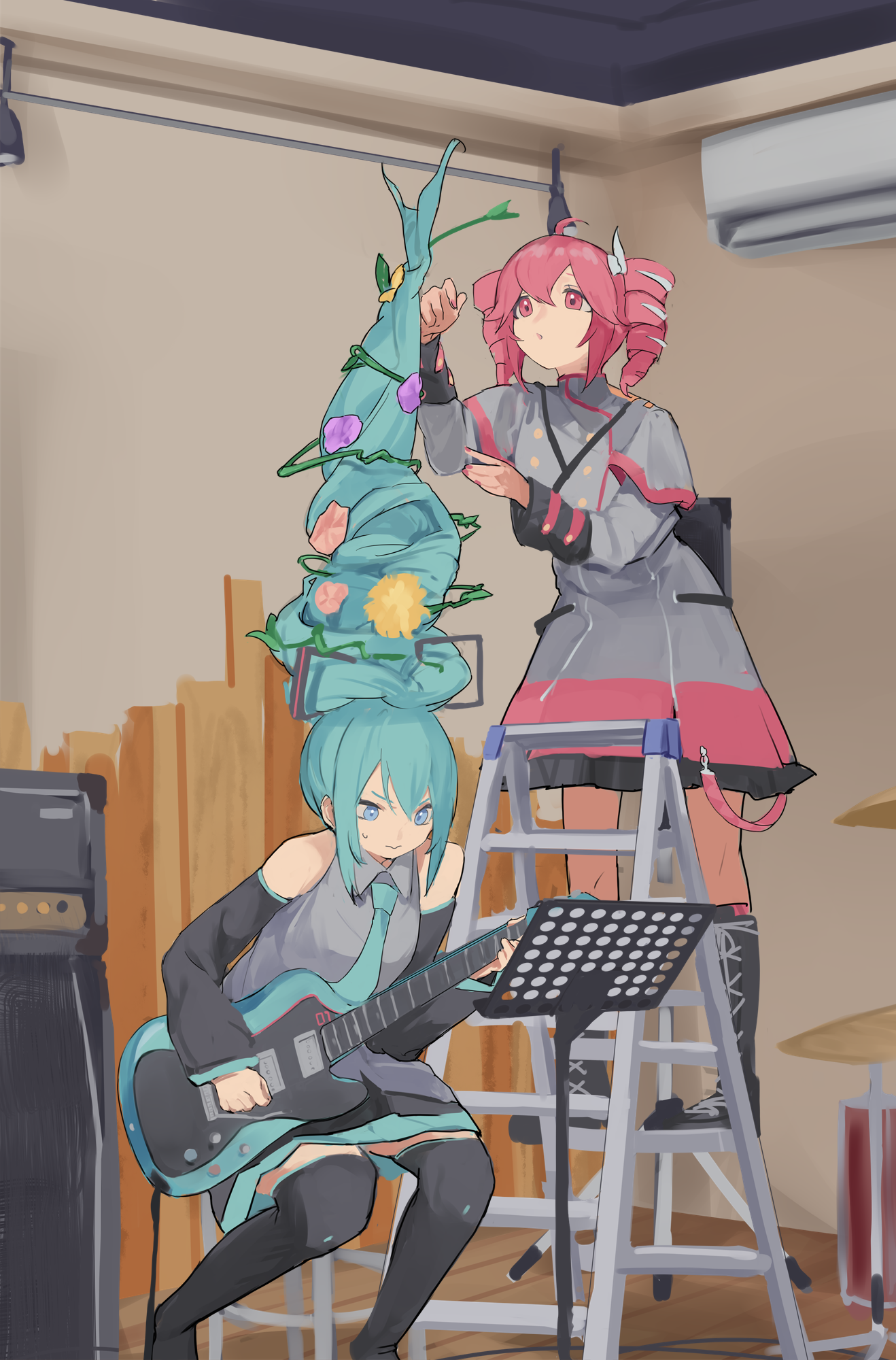 2girls :o absurdly_long_hair ahoge alternate_hairstyle bare_shoulders belt black_belt black_boots black_skirt black_sleeve_cuffs black_sleeves black_thighhighs blue_necktie boots bow buttons collared_shirt commentary detached_sleeves double-breasted electric_guitar esp_stream-miku-custom feet_out_of_frame flat_chest flower full_body grey_jacket grey_shirt grey_skirt guitar hair_bow hair_flower hair_ornament hair_ribbon hatsune_miku highres indoors instrument jacket kasane_teto kasane_teto_(sv) kneehighs lace-up_boots ladder layered_skirt layered_sleeves legs_folded long_hair long_sleeves looking_at_object miniskirt multiple_girls music necktie on_ladder paper playing_guitar playing_instrument pocche-ex red_skirt red_socks red_trim ribbon shirt shoulder_belt shoulder_boards skirt socks standing sweatdrop synthesizer_v thighhighs utau very_long_hair vocaloid white_ribbon wing_collar