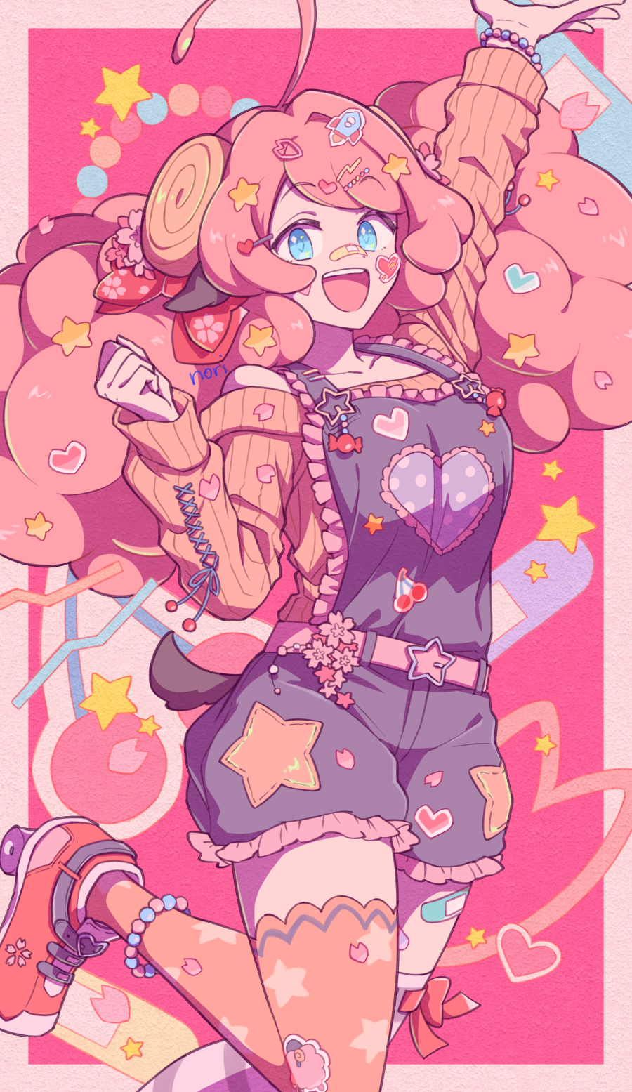 1girl :d ahoge animal_ears anklet arm_up artist_name bandaid bandaid_on_face bandaid_on_nose bead_anklet bead_bracelet beads belt blue_eyes blue_overalls border bracelet chiyo_nori flower fluffy_hair foot_out_of_frame frills hair_flower hair_ornament hairpin heart heart_hair_ornament heart_sticker highres horns inline_skates jewelry leg_up long_hair looking_at_viewer moa_(show_by_rock!!) off-shoulder_sweater off_shoulder open_mouth orange_shoes orange_sweater orange_thighhighs outside_border outstretched_arm overalls pink_background pink_border pink_hair roller_skates sheep_ears sheep_girl sheep_horns sheep_tail shoes show_by_rock!! signature skates smile solo standing standing_on_one_leg star_(symbol) star_hair_ornament star_print sticker_on_clothes sticker_on_face sticker_on_hair sweater tail thighhighs too_many_stickers