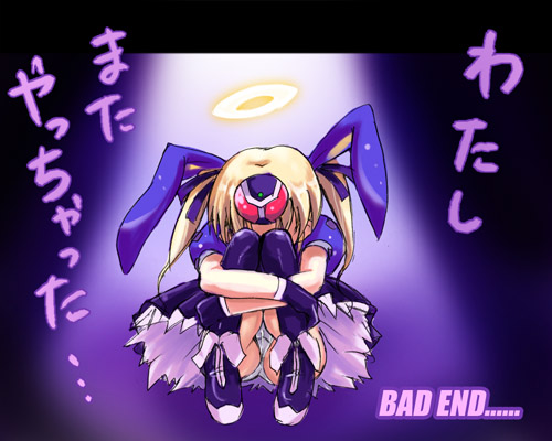 1girl animal_ears bad_end black_thighhighs blonde_hair di_gi_charat dress female_focus gender_request genderswap gloves halo hugging_own_legs kamen_rider kamen_rider_gatack kamen_rider_kabuto_(series) kazuu long_hair lowres panties pantyshot rabbit rabbit_ears sitting solo thighhighs translated twintails underwear white_panties