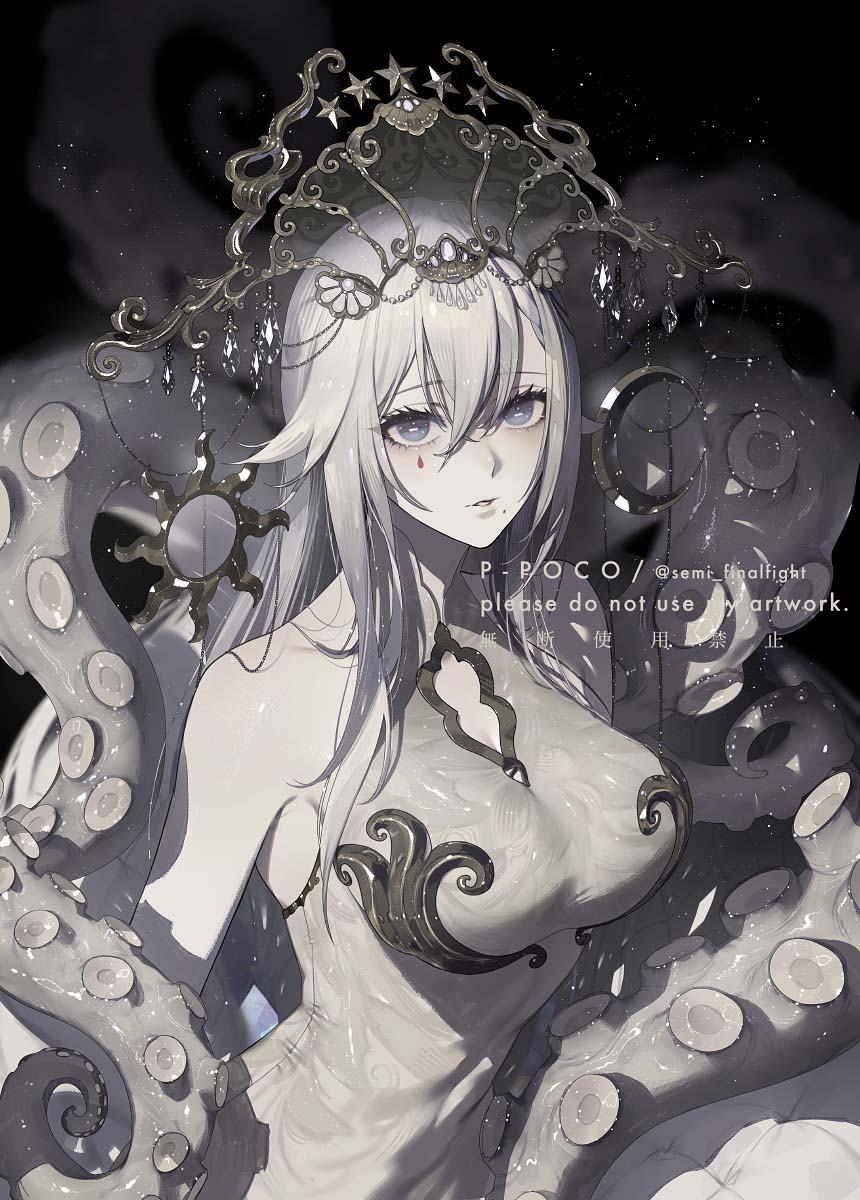 1girl armpit_crease breasts cleavage_cutout clothing_cutout commentary_request dalachi_(headdress) double-parted_bangs dress greyscale greyscale_with_colored_eyes hair_between_eyes halter_dress halterneck highres horizontal_pupils indie_virtual_youtuber large_breasts long_hair looking_at_viewer mole mole_under_mouth monochrome moon_(ornament) parted_lips pochimaru_(vtuber) pochimaru_(vtuber)_(4th_costume) semi_(p-poco) sidelocks sleeveless sleeveless_dress solo sun_ornament teardrop_facial_mark tentacles upper_body virtual_youtuber