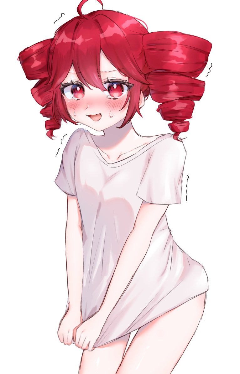 1girl ahoge blush bottomless clothes_grab collarbone drill_hair flat_chest hair_between_eyes kasane_teto komugikoseizin looking_at_viewer open_mouth red_eyes red_hair shirt shirt_grab short_sleeves simple_background solo sweat twin_drills utau white_background white_shirt