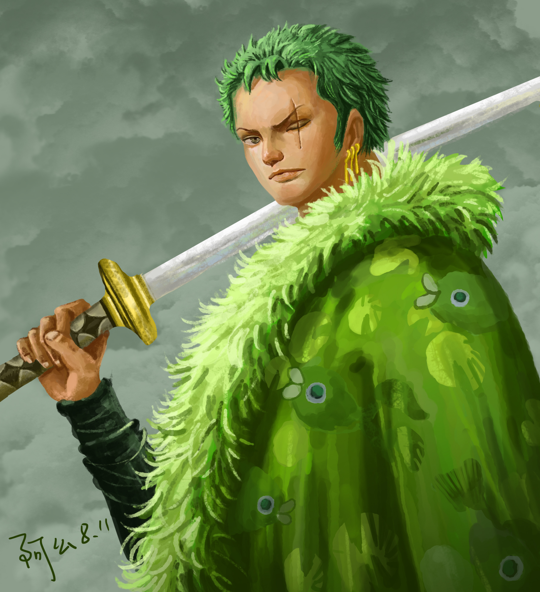 1boy closed_mouth coat commentary_request earrings fur-trimmed_coat fur_trim green_coat green_hair green_theme highres holding holding_sword holding_weapon jewelry ljjshmhday long_sleeves looking_at_viewer male_focus one_piece roronoa_zoro scar scar_across_eye scar_on_face short_hair sideburns solo sword upper_body weapon