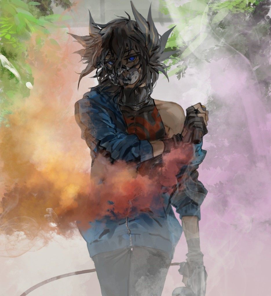 1boy black_hair black_pants black_shirt blue_eyes blue_jacket blue_sweater explosive facing_viewer fudo_yusei gas gas_mask grenade holding holding_gas_cylinder holding_grenade jacket looking_at_viewer male_focus mask momentcorefly multicolored_background open_clothes open_jacket paint_gun pants shirt sleeveless sleeveless_shirt spray_can spray_paint spraying sweater yu-gi-oh! yu-gi-oh!_5d&#039;s