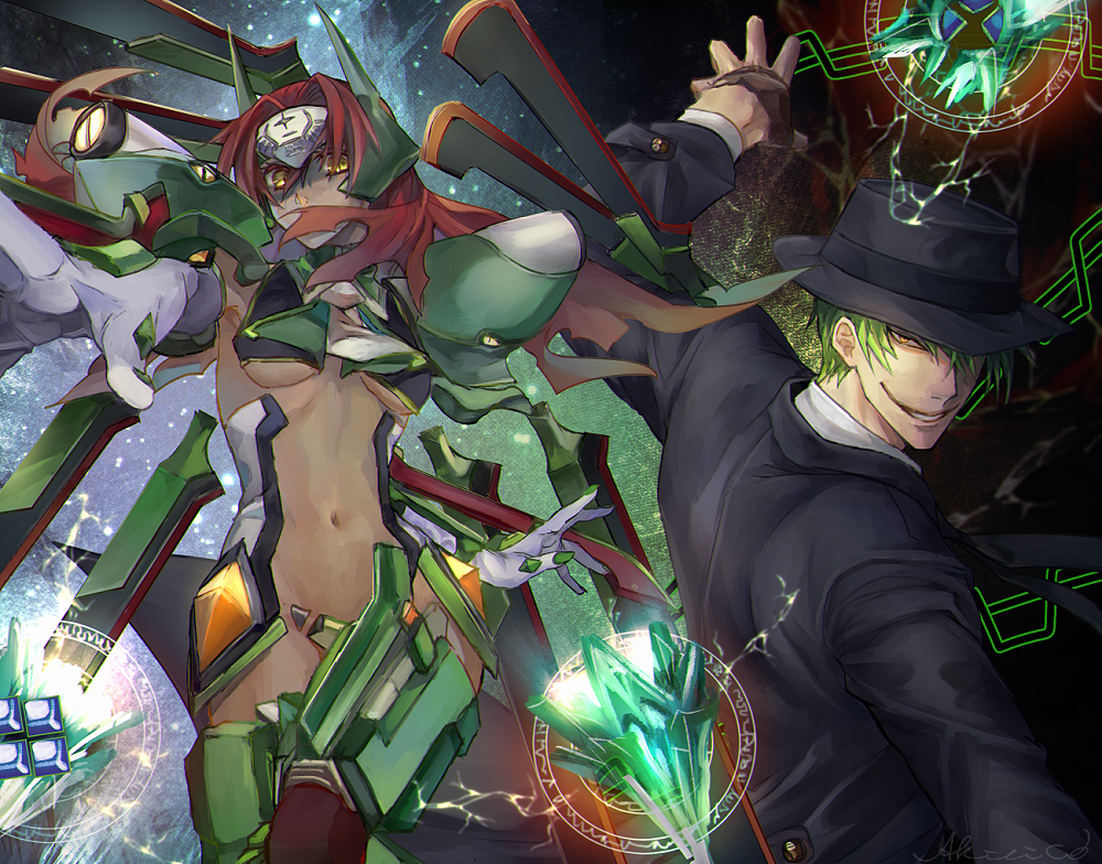 1boy 1girl akilico alternate_color blazblue fedora forehead_protector gloves green_hair hat hazama long_hair mecha_musume mu-12 navel red_hair thighhighs yellow_eyes