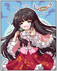 1girl bamboo_print black_hair blue_background bow crying floral_print food game_cg halo houraisan_kaguya kumio long_hair long_sleeves lowres open_mouth pink_shirt red_skirt ribbon shirt skirt solo takoyaki third-party_source touhou touhou_mystia&#039;s_izakaya trembling white_bow white_ribbon wide_sleeves winged_halo yellow_halo