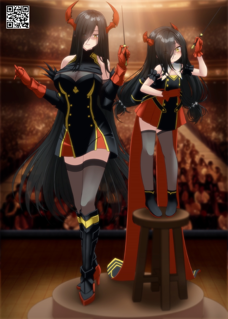2girls arm_garter armored_boots azur_lane bare_shoulders black_dress black_footwear black_hair black_thighhighs boots breasts chair cleavage commentary conductor_baton crowd dress english_commentary friedrich_der_grosse_(azur_lane) full_body gloves gold_trim hair_over_one_eye holding horns indoors large_breasts little_friedrich_(azur_lane) long_hair looking_at_viewer lukmanscootkenn mechanical_horns microdress multiple_girls on_chair red_dress red_gloves red_horns see-through_cleavage see-through_clothes standing standing_on_chair thighhighs two-tone_dress very_long_hair yellow_eyes zettai_ryouiki