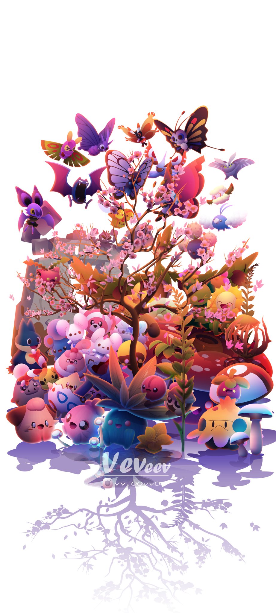 alolan_form alolan_geodude animal_focus arboliva artist_name azurill bat_(animal) beautifly bird bounsweet bug butterfly butterfree cherry_tree cherubi chingling cleffa combee commentary cottonee dustox english_commentary frosmoth full_body galarian_darumaka galarian_form game_freak garganacl gen_1_pokemon gen_2_pokemon gen_3_pokemon gen_4_pokemon gen_5_pokemon gen_6_pokemon gen_7_pokemon gen_8_pokemon golbat happiny highres honeycomb_(object) hoppip igglybuff insect jumpluff kabuto_(pokemon) makuhita mantyke maractus masquerain mothim munchlax mushroom nintendo no_humans noibat oddish plant pokemon pokemon_(creature) reflection reflective_surface seedot shroomish simple_background spoink stonjourner stufful sunflora swablu tadbulb tandemaus togepi too_many venomoth veveev vileplume vivillon white_background wide_shot wynaut