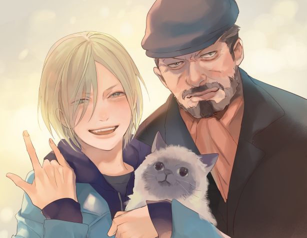 10s 2boys \m/ bad_id bad_pixiv_id beard blonde_hair cat eyes_visible_through_hair facial_hair grandfather_and_grandson green_eyes grey_hair hair_over_one_eye hat hood hoodie male_focus megane_(artist) multiple_boys nikolai_plisetsky open_mouth smile upper_body yuri!!!_on_ice yuri_plisetsky