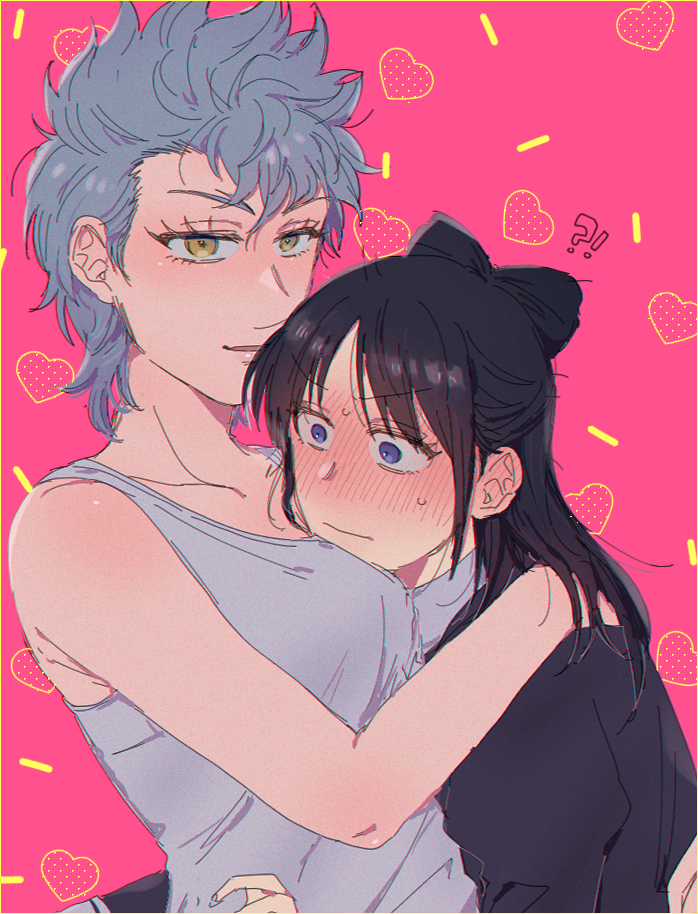 !? 1boy 1girl black_hair blue_eyes blush eyelashes grey_hair grey_shirt heart hetero long_hair medium_hair miyao_nemu parted_bangs pink_background seriyama_(srym_s) shirt sleeveless sleeveless_shirt sweat upper_body witch_watch wolf_(witch_watch) yellow_eyes