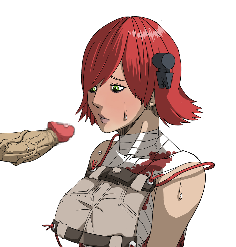 1girl a.b.a arc_system_works bad_id bad_pixiv_id bandages blood blood_on_clothes blush breasts censored green_eyes guilty_gear hair_ornament key key_in_head kishio_(agedama) large_breasts lips mosaic_censoring object_through_head penis red_hair short_hair sweat veins veiny_penis