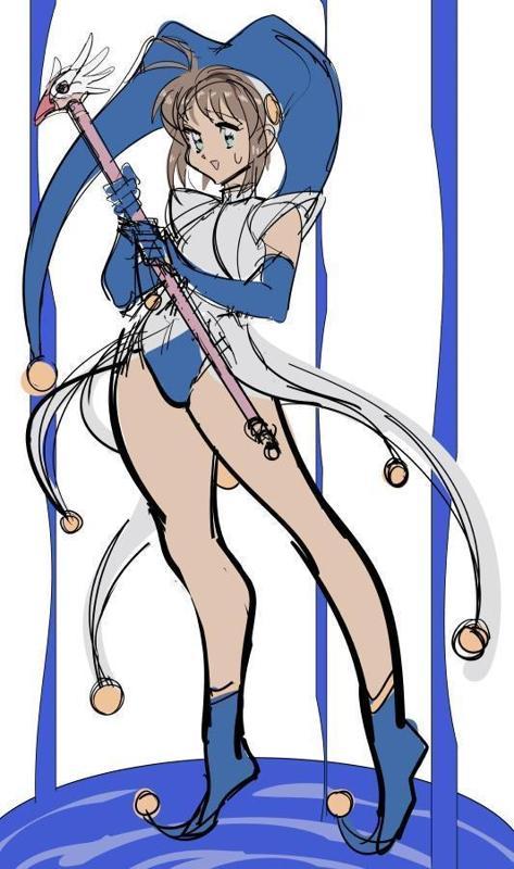 1girl barefoot blue_eyes blue_leotard brown_hair cardcaptor_sakura female_focus full_body kinomoto_sakura leotard solo tagme toeless_legwear watatanza