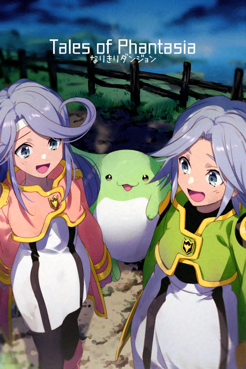 1boy 1girl :d blue_eyes blush brother_and_sister cloud copyright_name dio_(tales) dress echo_(circa) fence grass headband kururu_(tales) long_hair long_sleeves mel_(tales) open_mouth outdoors pantyhose short_hair siblings skirt sky smile tales_of_(series) tales_of_phantasia tales_of_phantasia:_narikiri_dungeon tales_of_phantasia:_narikiri_dungeon_x twins white_hair white_headband