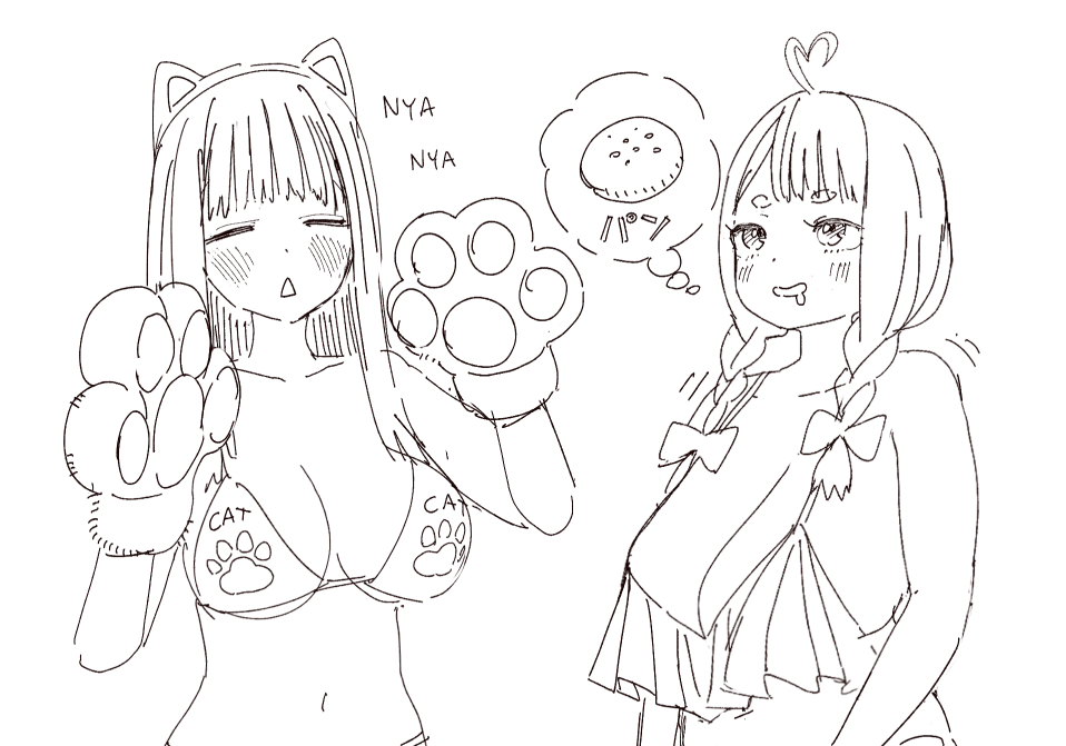 2girls ahoge animal_ear_hairband animal_ears animal_hands bikini blush bow braid bread breasts cat_ear_hairband cat_ears cleavage collarbone commentary conto elizabeth_(conto) english_commentary fake_animal_ears food frilled_bikini_top gloves grey_hair hair_bow hairband heart heart_ahoge large_breasts long_hair maria_(conto) meowing monochrome multiple_girls navel original paw_gloves simple_background sketch speech_bubble swimsuit thought_bubble triangle_mouth twin_braids twintails white_background