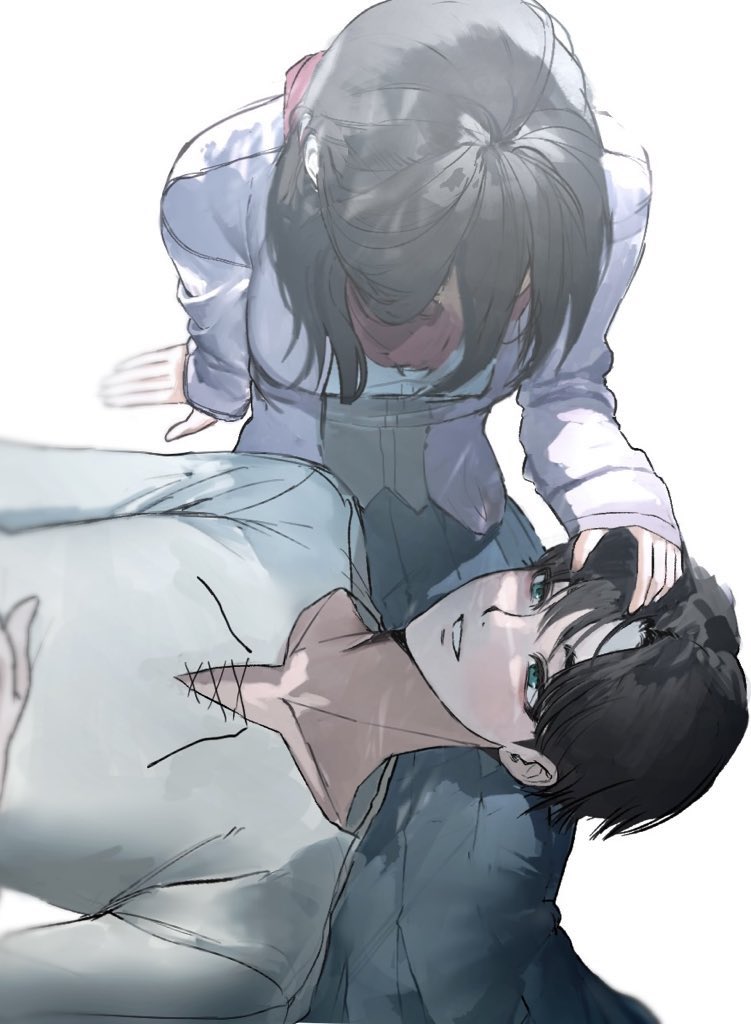 1boy 1girl arm_support black_hair blue_eyes blush brown_hair cardigan collarbone eren_yeager feet_out_of_frame from_above gomamorii hand_on_another&#039;s_head lap_pillow long_hair long_sleeves looking_at_another lying mikasa_ackerman on_back open_cardigan open_clothes parted_lips pink_cardigan red_scarf scarf shingeki_no_kyojin shirt short_hair sitting skirt sleeves_past_wrists smile upper_body white_background white_shirt
