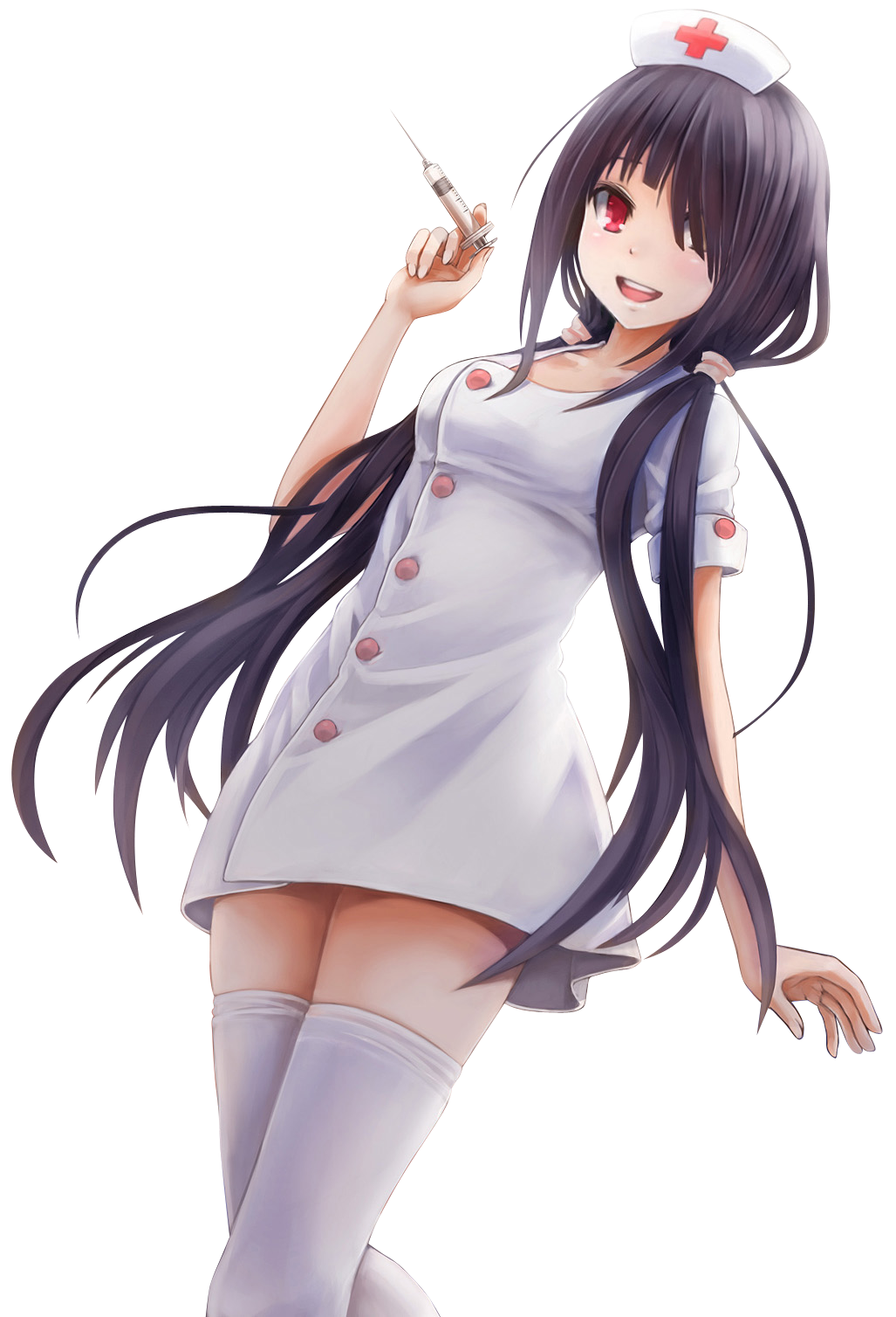 10s 1girl alternate_costume black_hair buttons date_a_live dress female_focus hair_over_one_eye hat heterochromia highres long_hair nurse nurse_cap pinky_out red_eyes short_dress solo sunimu syringe thighhighs third-party_edit third-party_extraction tokisaki_kurumi transparent_background twintails white_thighhighs yellow_eyes zettai_ryouiki
