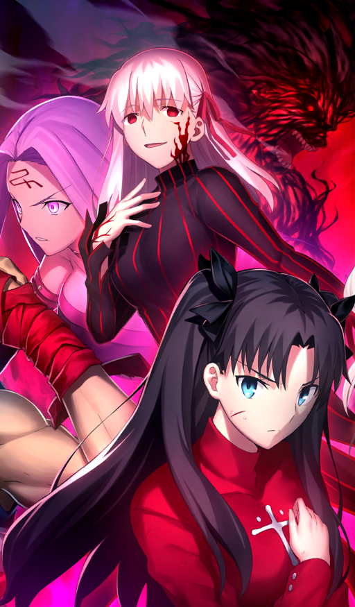 &gt;:( 2boys 3girls black_bow black_dress black_sleeves blue_eyes bow breasts brown_hair closed_mouth commentary corruption cross curtained_hair dark-skinned_male dark_sakura dark_skin detached_sleeves dress emiya_shirou endou_kaori facial_mark fate/grand_order fate/stay_night fate_(series) forehead_mark glowing glowing_eyes hair_between_eyes hair_bow hair_ribbon heaven&#039;s_feel heracles_(fate) large_breasts latin_cross long_hair long_sleeves looking_at_viewer matou_sakura medium_breasts medusa_(fate) medusa_(rider)_(fate) multiple_boys multiple_girls no_pupils official_art parted_lips purple_eyes purple_hair rectangular_pupils red_background red_eyes red_ribbon red_sweater ribbon shouting shroud_of_martin siblings sidelocks sisters smirk smoke spoilers strapless strapless_dress sweater teeth third-party_source tohsaka_rin toned toned_male turtleneck two_side_up v-shaped_eyebrows white_hair