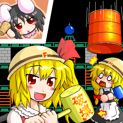 3girls x_mouth ^^^ apron arrow_(symbol) barrel black_hair blonde_hair blush blush_stickers bomb bow chibi crossover explosive facing_viewer fang flandre_scarlet hair_bow hammer hard_hat helmet inaba_tewi inset kirisame_marisa ladder looking_at_viewer lowres motion_lines multiple_girls myonde nintendo o_o oekaki parody red_bow red_eyes super_marisa_world sweat touhou translation_request waist_apron weapon white_apron wrecking_crew