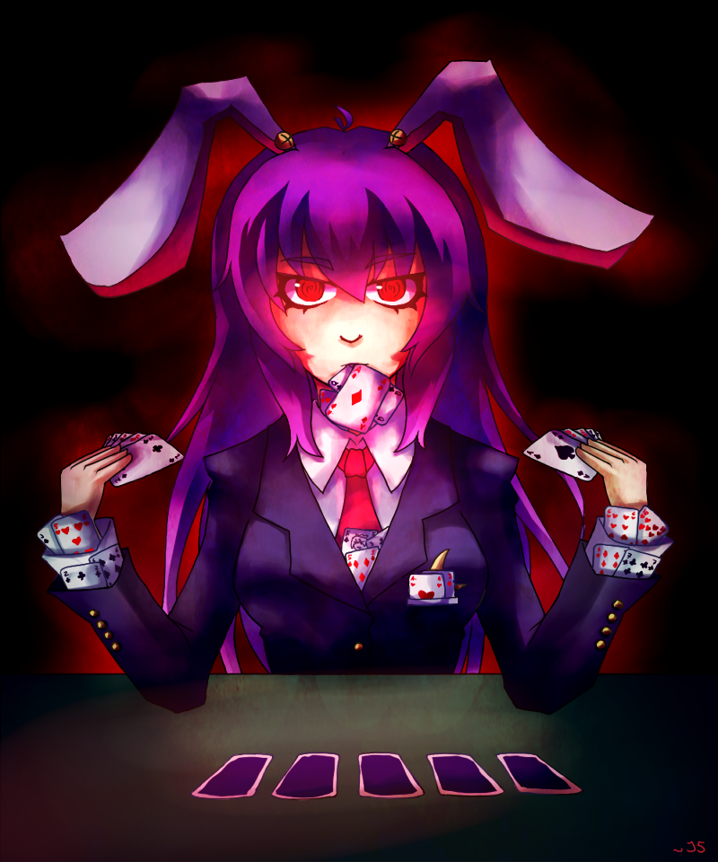1girl animal_ears breasts card daigada female_focus glowing glowing_eyes holding holding_card medium_breasts mouth_hold necktie playing_card poker rabbit_ears red_eyes red_necktie reisen_udongein_inaba solo touhou