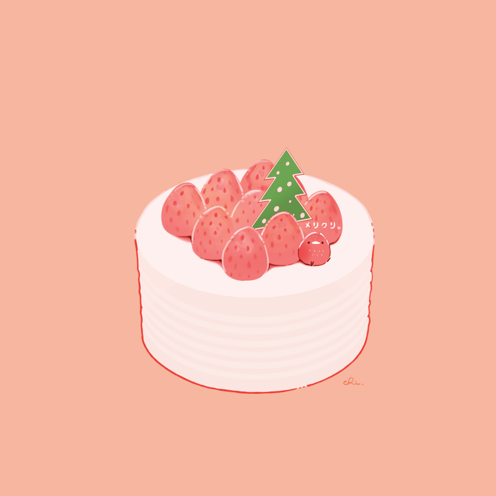bird cake cake_decoration chai_(drawingchisanne) christmas_cake commentary_request food food_focus fruit looking_at_viewer no_humans on_food original simple_background strawberry strawberry_shortcake sweets_bird translation_request undersized_animal