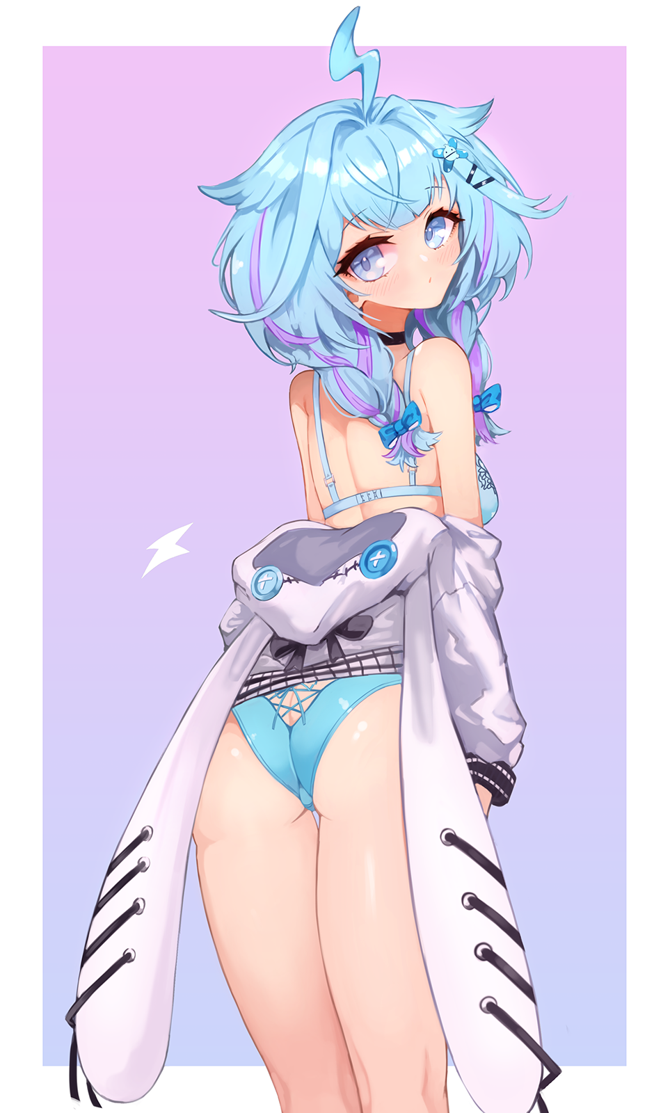 1girl ahoge animal_hood ass black_choker blue_bra blue_hair blue_panties bra braid breasts butt_crack choker commentary cross-laced_clothes cross-laced_panties from_behind gradient_background hair_flaps hair_intakes hair_ornament hairpin highres hololive hololive_dev_is hood hooded_jacket jacket jacket_partially_removed lightning_ahoge lingerie long_sleeves looking_at_viewer looking_back low_twin_braids median_furrow medium_hair mizumiya_su multicolored_hair notte outside_border panties panty_cutout purple_background purple_hair small_breasts streaked_hair twin_braids underwear very_big_eyes virtual_youtuber white_jacket x_hair_ornament