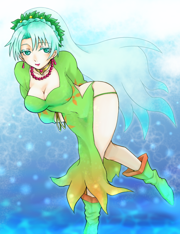 1girl aqua_eyes aqua_hair bracelet braid breasts choker cleavage dress grune_(tales) jewelry lipstick makeup necklace shoes short_hair smile tales_of_(series) tales_of_legendia veil