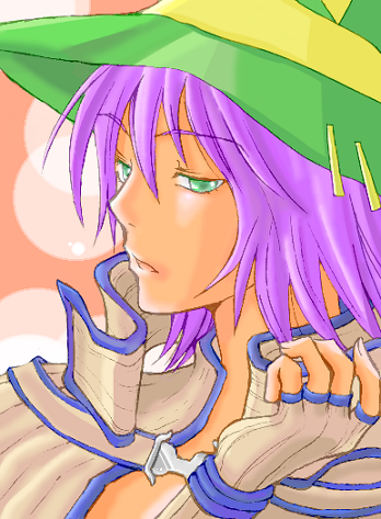1girl brown_capelet brown_gloves capelet commentary_request expressionless fingerless_gloves gloves green_eyes green_hat half-closed_eyes hat koma_mama looking_at_viewer looking_to_the_side lowres open_mouth pink_background portrait purple_hair ragnarok_online sage_(ragnarok_online) short_hair solo striped_capelet witch_hat