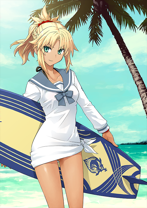 1girl beach bikini bikini_under_clothes blonde_hair blue_bow blue_bowtie blue_sailor_collar blue_sky bow bowtie bracelet braid breasts closed_mouth cloud collarbone cowboy_shot dress fate/grand_order fate_(series) gluteal_fold green_eyes hair_ornament hair_scrunchie holding holding_behind_back holding_surfboard jewelry konoe_ototsugu long_sleeves looking_at_viewer medium_hair mordred_(fate) mordred_(swimsuit_rider)_(fate) mordred_(swimsuit_rider)_(second_ascension)_(fate) ocean official_art outdoors palm_tree parted_bangs ponytail prydwen_(fate) red_scrunchie sailor_collar sailor_dress scrunchie short_dress sidelocks sky smile solo standing surfboard swimsuit tan third-party_source tied_dress tree v-shaped_eyebrows variant_set white_dress