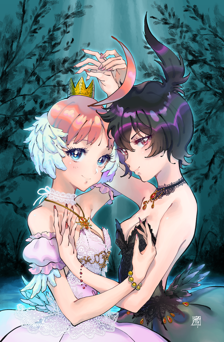 2girls adapted_costume ahiru_(princess_tutu) ahoge aqua_background arm_up armpit_crease backless_dress backless_outfit ballerina bare_arms bead_bracelet bead_necklace beads black_choker black_dress black_feathers black_hair blue_eyes blue_feathers blue_outline bomhat bracelet breasts brooch choker cleavage closed_mouth cross-laced_clothes crown dark_background detached_sleeves dress eyelashes face-to-face feathers fingernails floral_print frilled_sleeves frills grass hair_between_eyes hand_up highres jewelry lace lace-trimmed_choker lace-trimmed_dress lace_trim lake leaf leaf_background leaf_print light_blush long_eyelashes looking_afar looking_at_viewer multicolored_hair multiple_girls nail_polish necklace orange_hair outline pink_dress princess_kraehe princess_tutu princess_tutu_(character) puffy_short_sleeves puffy_sleeves red_eyes red_nails rue_(princess_tutu) shiny_skin shore short_hair short_sleeves side-by-side sideways_glance signature simple_background small_breasts smile sparkle sparkling_eyes spiked_hair strapless strapless_dress tareme tsurime tutu two-tone_hair upper_body very_short_hair water white_choker white_hair