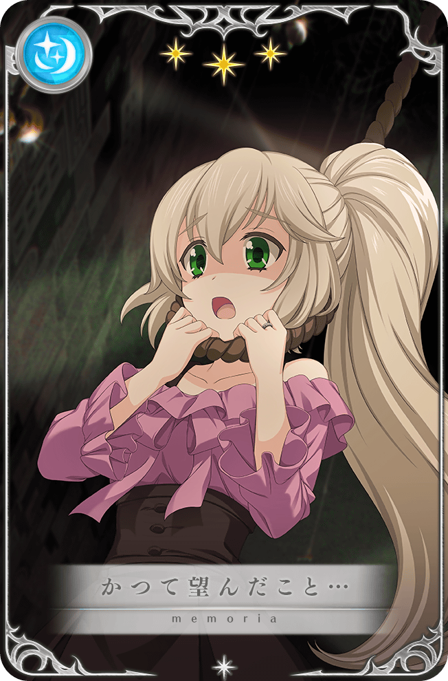 1girl artist_request bare_shoulders black_corset black_skirt bow bowtie card_(medium) collarbone corset cowboy_shot dark dot_nose eyelashes frilled_shirt frills game_cg green_eyes grey_hair hair_between_eyes hands_on_own_neck hanging jewelry light_rays long_hair magia_record:_mahou_shoujo_madoka_magica_gaiden mahou_shoujo_madoka_magica mahou_shoujo_oriko_magica mikuni_oriko nose off-shoulder_shirt off_shoulder official_art open_mouth picture_frame pink_bow pink_bowtie pink_shirt ring shaded_face shirt side_ponytail skirt solo star_(symbol) translated very_long_hair wavy_hair