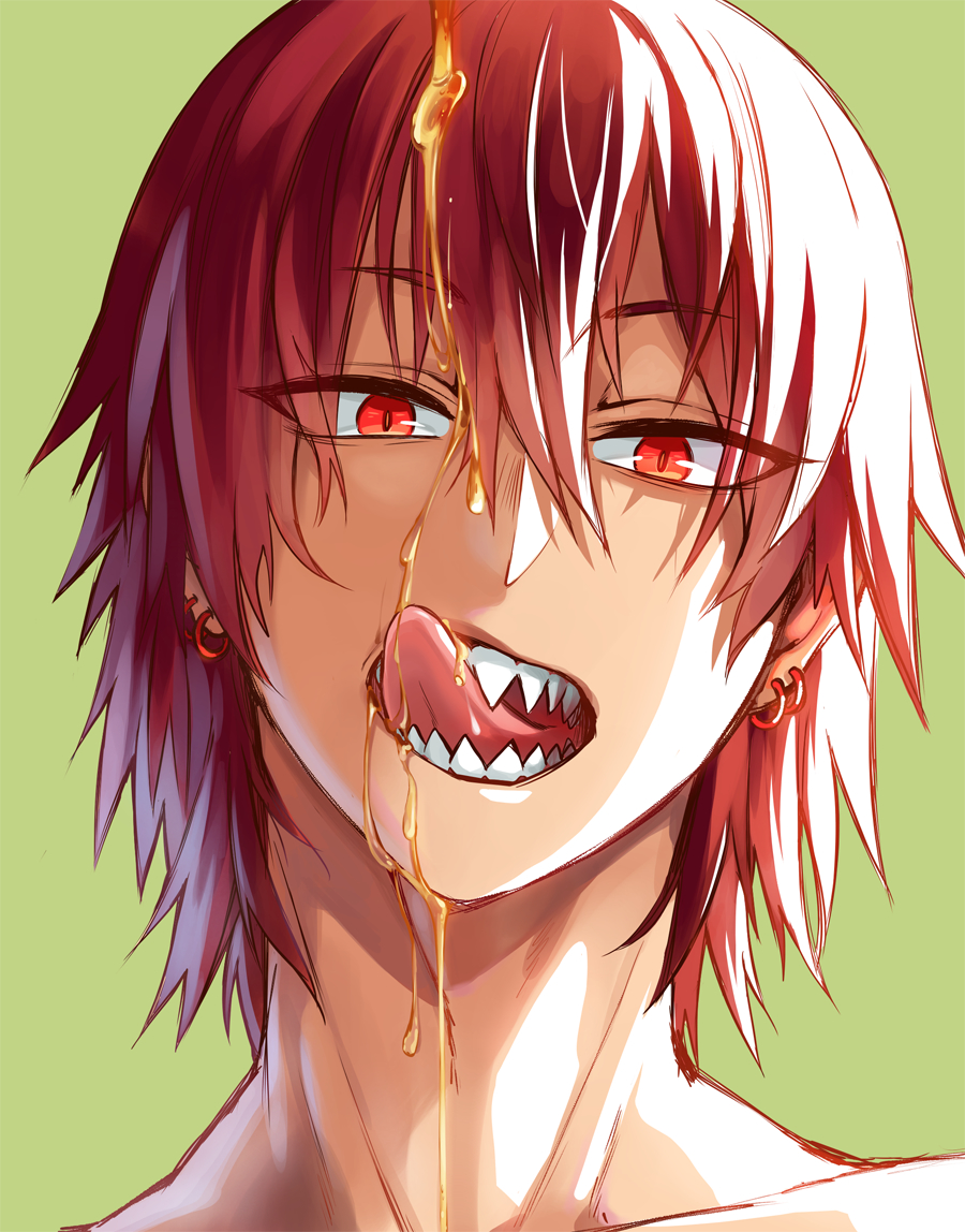 1boy boku_no_hero_academia bright_pupils commentary dripping earrings eyes_visible_through_hair green_background hair_between_eyes hair_down honey hoop_earrings jewelry kirishima_eijirou licking_lips looking_at_viewer lowah male_focus multiple_earrings open_mouth orange_pupils portrait raised_eyebrows red_eyes red_hair scar scar_across_eye scar_on_face sharp_teeth short_eyebrows short_hair sidelighting simple_background slit_pupils solo spiked_hair straight-on teeth tongue tongue_out
