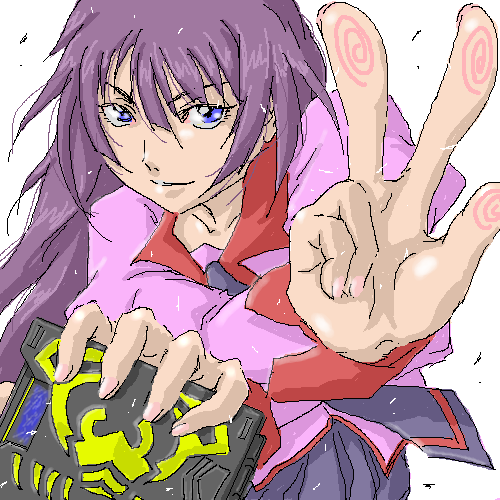 1girl bakemonogatari blue_eyes female_focus fingerprint kamen_rider kamen_rider_ryuki_(series) kamen_rider_scissors lowres monogatari_(series) oekaki parody purple_hair satou_oduka school_uniform senjougahara_hitagi solo v white_background