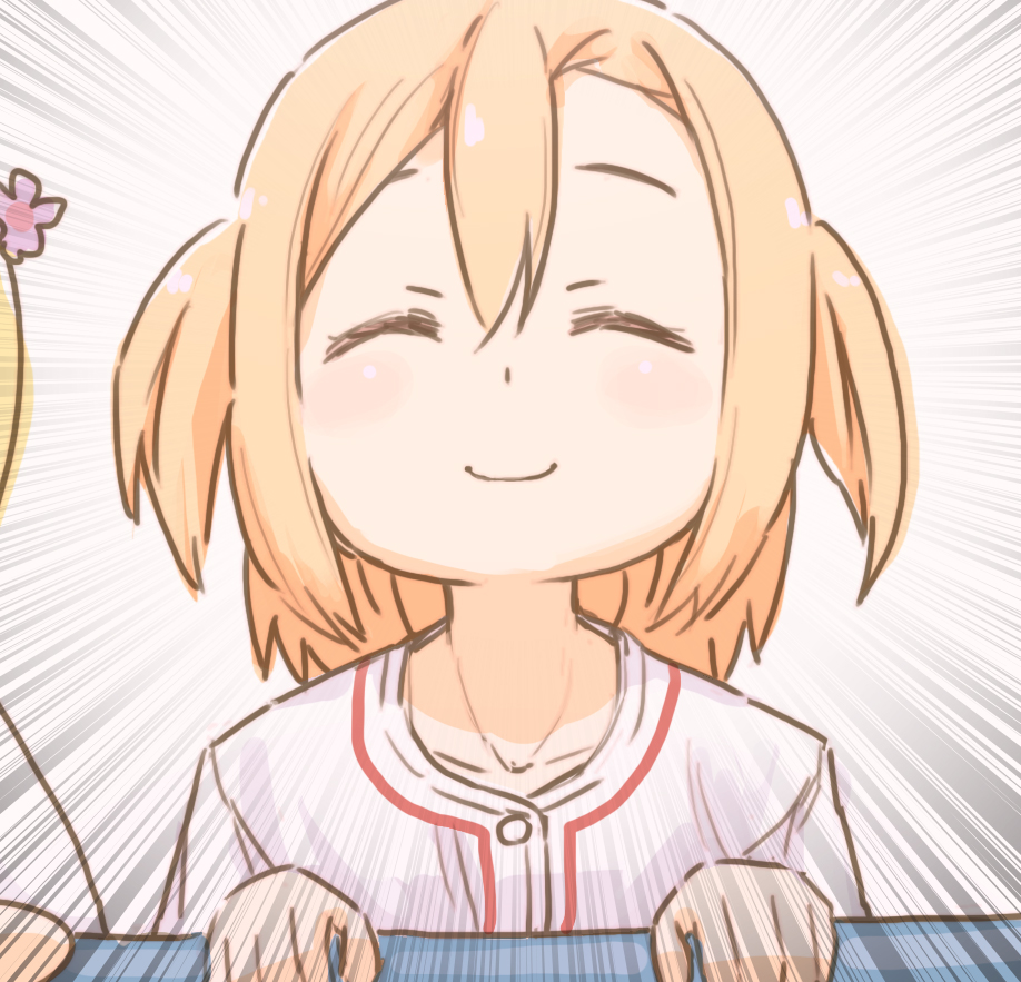 2girls ^_^ baseball_jersey blonde_hair closed_eyes closed_mouth collarbone commentary_request emphasis_lines facing_viewer jersey kawaguchi_yoshino lao_ren_xing medium_hair multiple_girls shirt sidelocks simple_background smile solo_focus tamayomi two_side_up upper_body white_background white_shirt