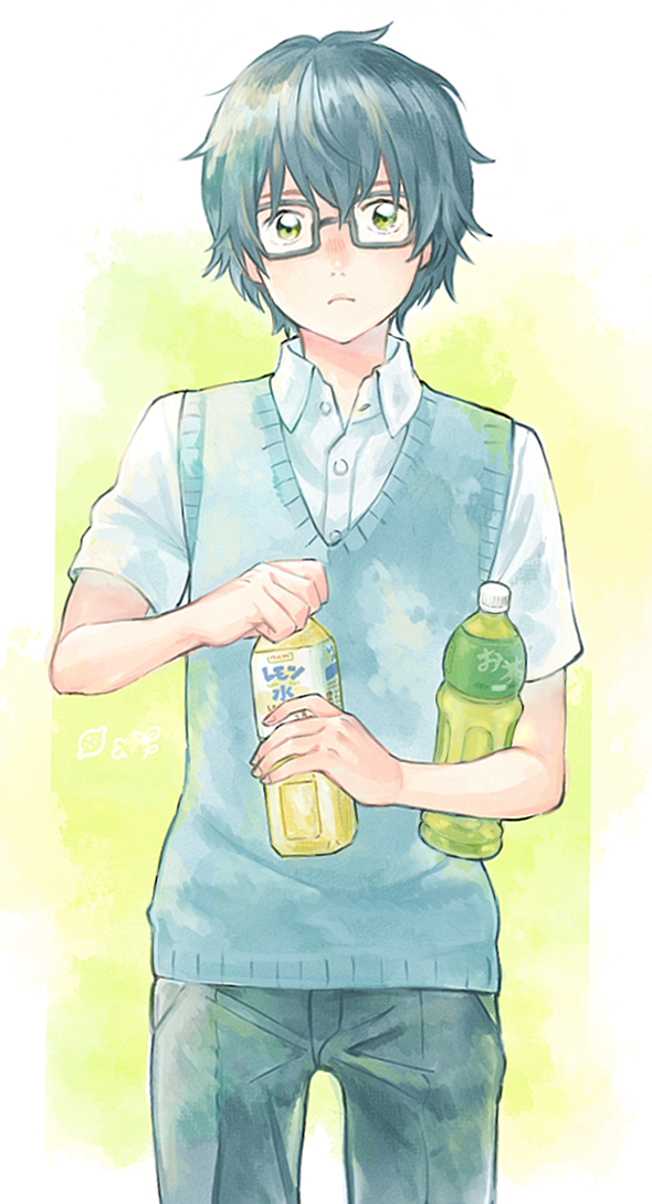 1boy bad_id bad_pixiv_id black-framed_eyewear black_hair black_pants blue_sweater_vest blush bottle frown hair_between_eyes holding holding_bottle iced_tea kiriyama_rei kusakari male_focus messy_hair pants sangatsu_no_lion short_hair short_sleeves simple_background solo standing sweater_vest
