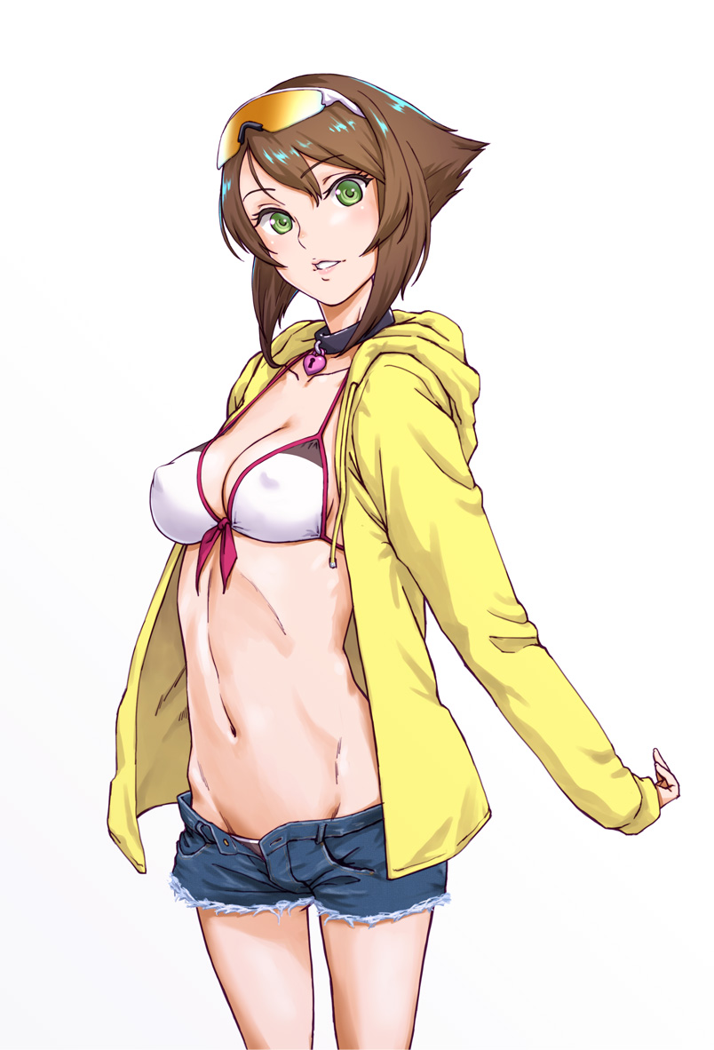 10s 1girl adapted_costume bikini bikini_under_clothes breasts brown_hair cleavage collar covered_erect_nipples cutoffs denim denim_shorts drawstring eyewear_on_head female_focus flipped_hair from_side front-tie_bikini_top front-tie_top green_eyes grin groin head_tilt heart heart-shaped_lock heart_lock heart_lock_(kantai_collection) hip_bones hood hood_down hooded_jacket hoodie jacket kaburagi_yuki kantai_collection lock long_sleeves looking_at_viewer lowleg lowleg_bikini lowleg_shorts mutsu_(kancolle) navel open_clothes open_fly open_hoodie padlock parted_bangs short_hair short_hair_with_long_locks short_shorts shorts sidelocks simple_background smile solo standing sunglasses swimsuit toned toned_female unbuttoned white_background white_bikini yellow_jacket