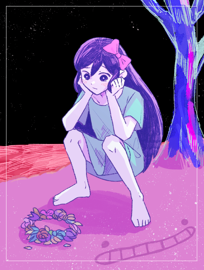 1girl aubrey_(headspace)_(omori) aubrey_(omori) barefoot blue_shirt blush bow closed_mouth colored_skin flower hair_bow head_wreath head_wreath_removed humphrey_(omori) long_hair omori pink_bow purple_eyes purple_hair shirt short_sleeves sitting solo tori_(alpaca-alpaca) white_skin