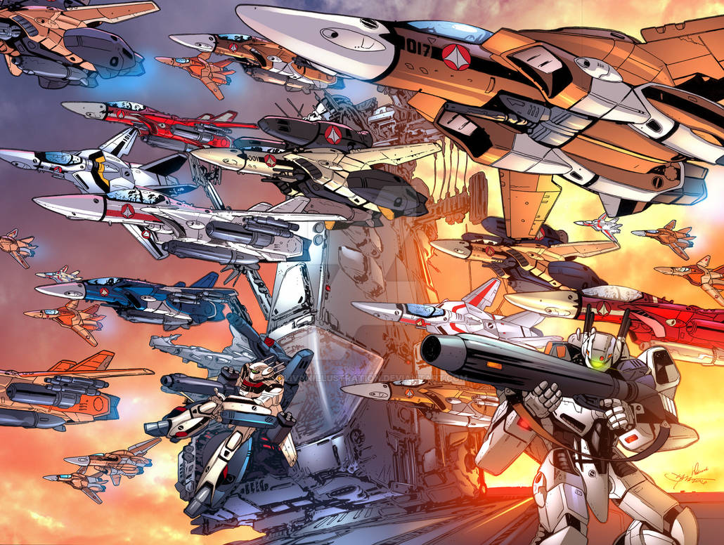aiming battroid choujikuu_yousai_macross cloud commentary dusk energy_cannon english_commentary fleet flying glowing gunpod jolly_roger machinery macross macross:_do_you_remember_love? mecha missile nuclear_weapon pilot robot robotech roundel science_fiction sdf-1 signature spacecraft sullivanillustration u.n._spacy variable_fighter vf-1 vf-1_strike vf-1_super vf-1a vf-1d vf-1j vf-1s western_comics_(style) when_you_see_it