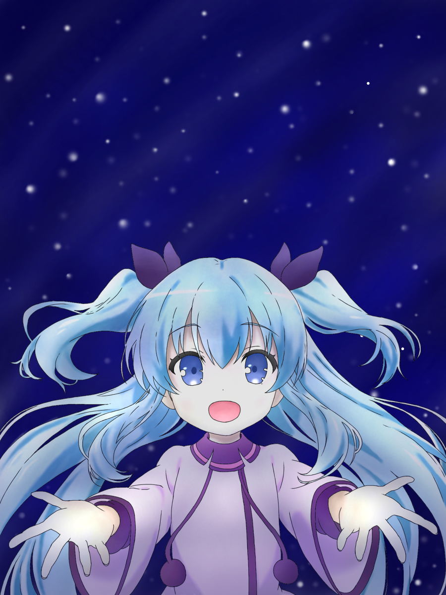 1girl black_ribbon blue_eyes blue_hair dot_nose dress feet_out_of_frame female_focus hair_ornament highres long_hair long_sleeves looking_at_viewer night night_sky noel_(sora_no_method) open_mouth outdoors outstretched_arms pom_pom_(clothes) ribbon short_twintails sky sleeves_past_wrists solo sora_no_method standing twintails very_long_hair
