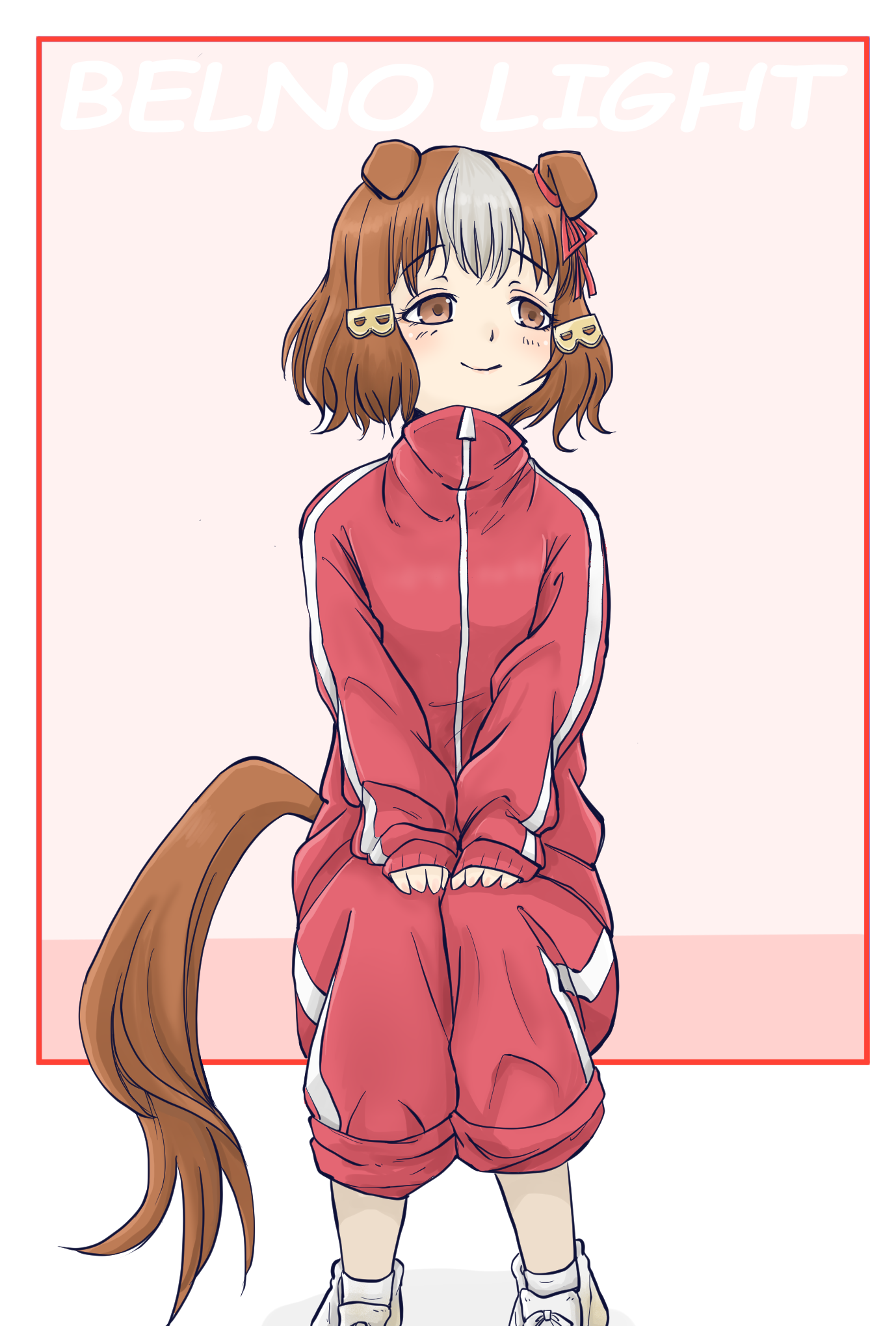 1girl animal_ears berno_light_(umamusume) bob_cut border bow brown_eyes brown_hair character_name closed_mouth commentary ear_ribbon ears_down hair_ornament half-closed_eyes hands_on_lap highres horse_ears horse_girl horse_tail invisible_chair jacket letter_hair_ornament long_sleeves looking_to_the_side makijuu multicolored_hair pants pants_rolled_up red_border red_jacket red_pants shoes single_vertical_stripe sitting smile solo tail track_jacket track_pants track_suit two-tone_hair umamusume umamusume:_cinderella_gray white_hair white_shoes