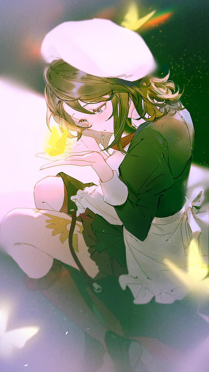 1girl blue_eyes blush brown_hair bug butterfly commentary dress eyelashes frills glowing_butterfly hair_between_eyes hat highres insect juliet_sleeves kneehighs light_particles long_sleeves maid medium_hair puffy_sleeves shannon_(umineko) sitting socks solo umineko_no_naku_koro_ni vienri