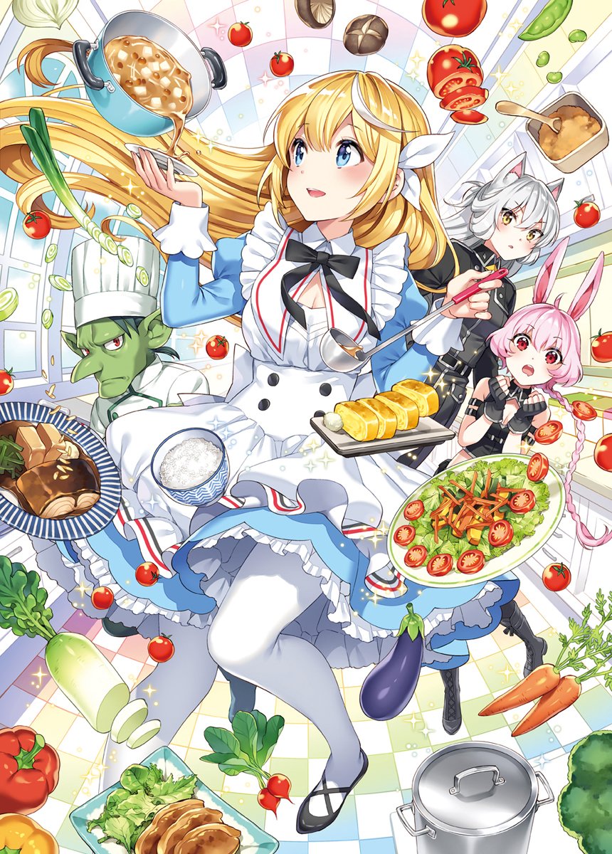 1boy 3girls :d animal_ears apron aqua_eyes beans black_jacket blonde_hair blue_dress boots breasts caro_rabbits carrot cat_ears chef chef_hat cleavage clenched_hands colored_skin cooking_pot cover cover_page cupping_hand dress eggplant floating goblin green_skin grey_hair hat high_heels highres jacket long_hair moto_koushaku_reijou_no_shuushoku multicolored_hair multiple_girls mushroom nardack novel_cover official_art open_mouth pantyhose parted_lips pink_hair plate pointy_ears pumps rabbit_ears radish red_eyes schneider_gob shirt silvia_flatwhite smile sofia_earlgrey spring_onion streaked_hair tomato white_hair white_pantyhose white_shirt yellow_eyes