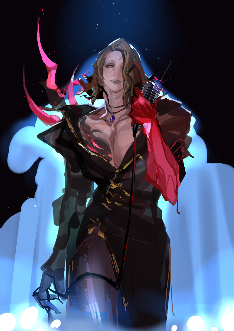 1boy black_choker black_coat black_lips black_sclera blonde_hair choker coat colored_extremities colored_sclera colored_skin final_fantasy final_fantasy_xiv garlean glint hand_up highres holding holding_microphone looking_at_viewer male_focus medium_hair microphone multicolored_hair no_lineart parted_lips pectoral_cleavage pectorals pendant_choker pydiyudie reaper_(final_fantasy) red_eyes red_hands red_skin sketch solo streaked_hair thigh_strap third_eye zenos_yae_galvus