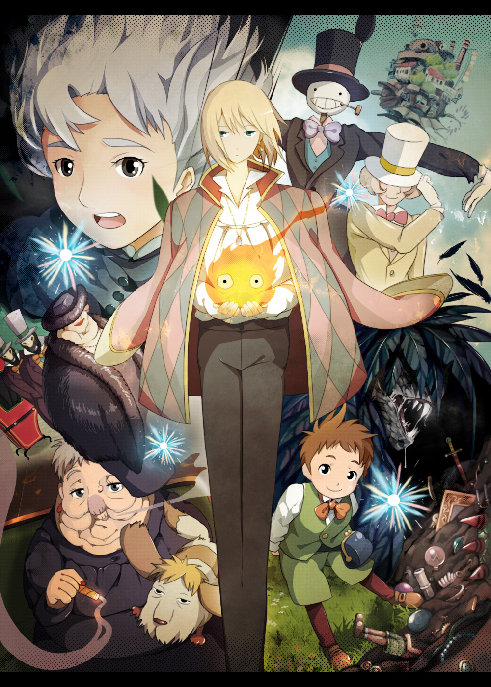 00s 3boys 3girls bad_id bad_pixiv_id blonde_hair brown_hair calcifer cigar dog everyone fire hat heen highres howl howl_(howl_no_ugoku_shiro) howl_no_ugoku_shiro kakashi_no_kabu markl multiple_boys multiple_girls prince_justin smoking sophie sophie_(howl_no_ugoku_shiro) studio_ghibli treize_(mauve) white_hair witch witch_of_the_waste
