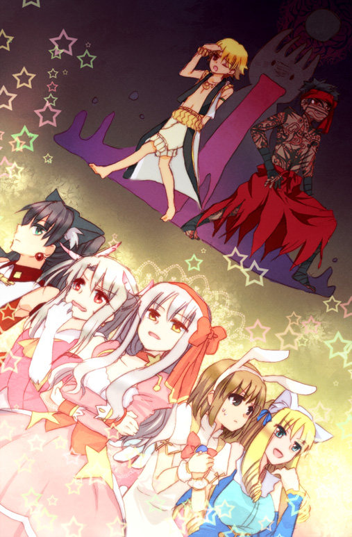 2boys 5girls angra_mainyu_(fate) blonde_hair caren_hortensia carnival_phantasm child_gilgamesh_(fate) fate/hollow_ataraxia fate/kaleid_liner_prisma_illya fate/tiger_colosseum fate/zero fate_(series) feather_hair_ornament feathers gilgamesh_(fate) grail-kun hair_ornament hoshiyume_yashiro hosi-tubu-yaki illyasviel_von_einzbern kaleido_ruby kaleido_sapphire luviagelita_edelfelt magical_caren magical_girl multiple_boys multiple_girls official_alternate_costume prisma_illya saegusa_yukika tohsaka_rin toosaka_rin