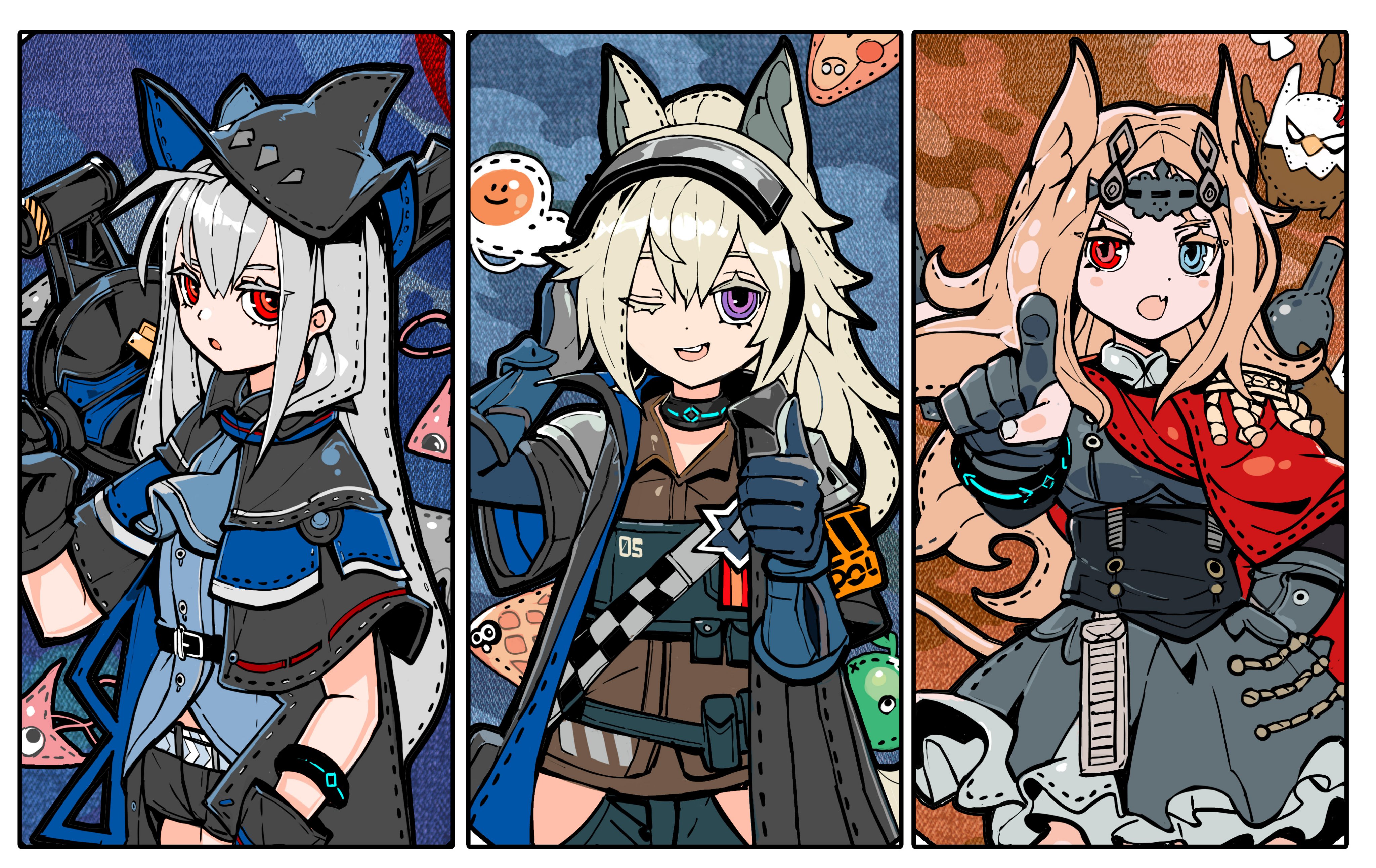 3girls absurdres alchemaniac animal_ears archetto_(arknights) arknights black_gloves blonde_hair blue_eyes cape dress gloves grani_(arknights) grey_hair griffin hat highres holding holding_sword holding_weapon jewelry long_hair looking_at_viewer multiple_girls necklace purple_eyes red_cape red_eyes skadi_(arknights) sword tail weapon