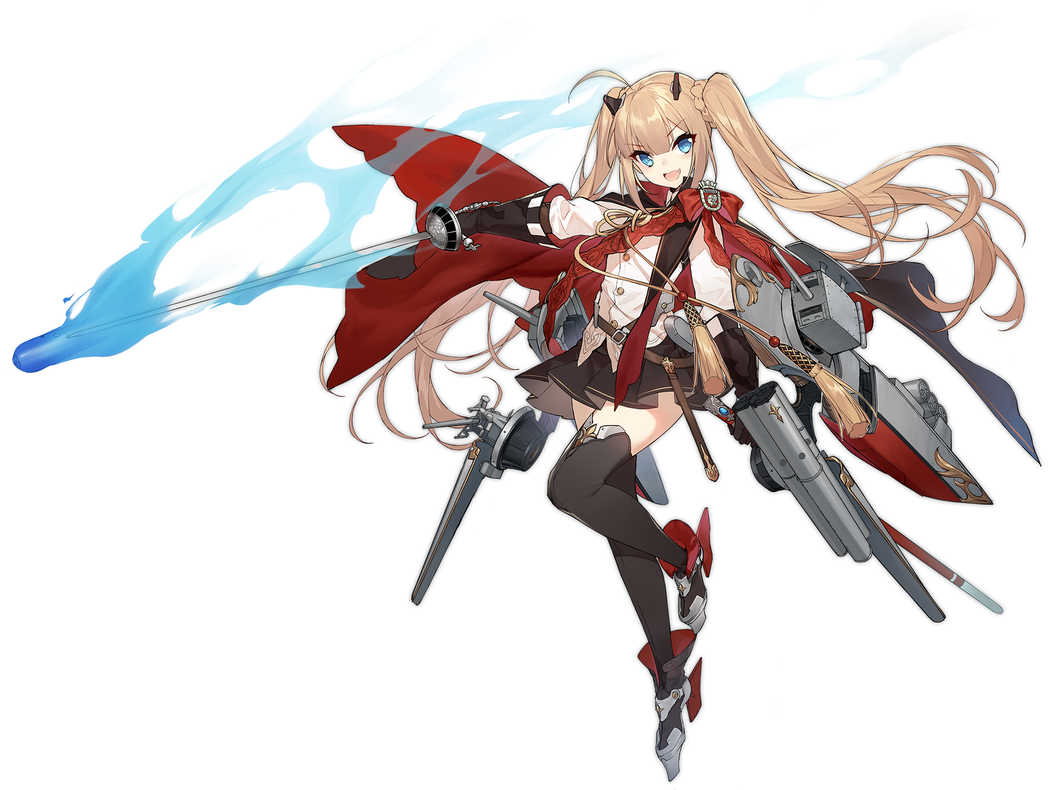 1girl :d amazon_(azur_lane) amazon_(retrofit)_(azur_lane) azur_lane black_thighhighs blue_eyes blush cape fang female_focus hair_between_eyes hair_bun highres long_hair looking_at_viewer official_art open_mouth retrofit_(azur_lane) rigging shi-chen side_bun single_side_bun smile solo thighhighs transparent_background twintails