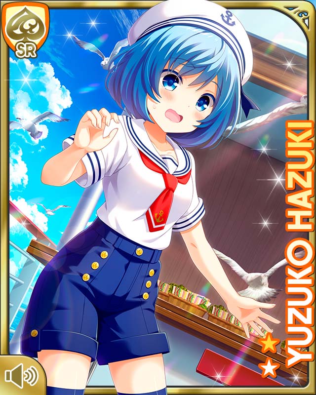 1girl bare_arms bird blue_eyes blue_hair card character_name day denim denim_shorts girlfriend_(kari) hat hazuki_yuzuko necktie ocean official_art open_mouth outdoors panic qp:flapper red_necktie sailor_hat sailor_outfit seagull ship short_hair shorts solo standing striped_leggings tagme tripping water watercraft