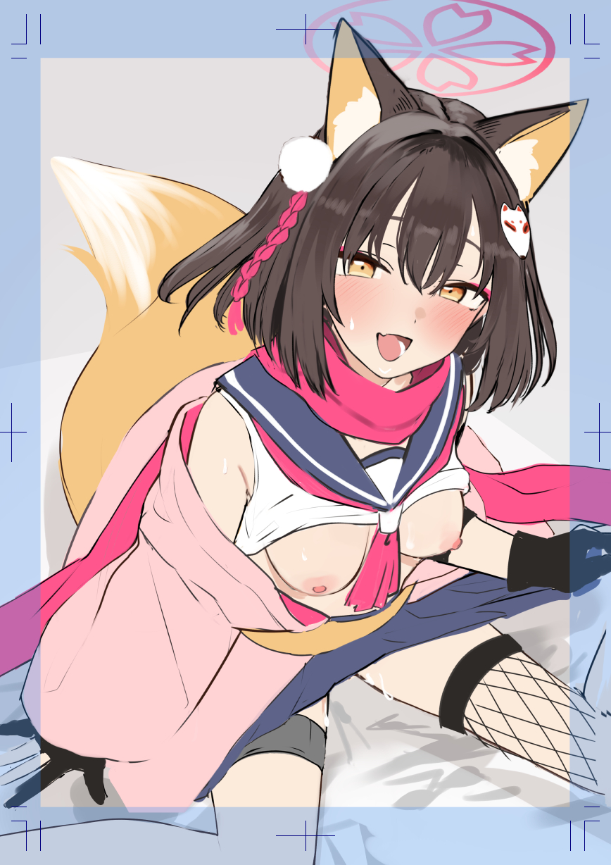 1girl :d animal_ears ariyoshi_gen blue_archive breasts brown_hair fang fishnet_thighhighs fishnets fox_ears fox_girl fox_tail grey_background hair_ornament halo highres izuna_(blue_archive) jacket medium_breasts neckerchief ninja nipples no_bra open_mouth pink_jacket pink_neckerchief pink_scarf pleated_skirt purple_skirt scarf school_uniform serafuku simple_background single_thighhigh skin_fang skirt smile solo suggestive_fluid tail thighhighs yellow_eyes