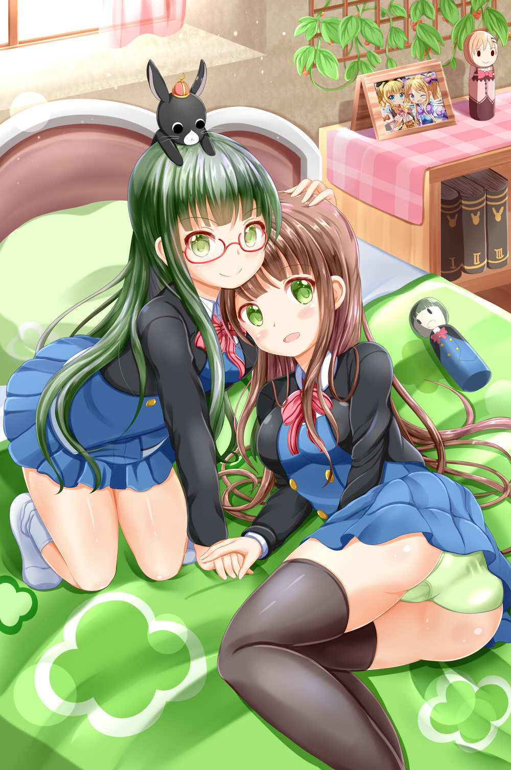 &gt;:) 2girls :d anko_(gochiusa) ass bed bed_sheet black_jacket black_legwear blue_dress blunt_bangs blush book bow bowtie breasts brown_hair closed_mouth commentary_request crescent crossover crown curtains day dress glasses gochuumon_wa_usagi_desu_ka? green_eyes green_hair green_panties highres hime_cut hoto_cocoa indoors jacket kin-iro_mosaic kirima_syaro kokeshi kujou_karen long_hair long_sleeves looking_at_viewer lying matching_outfits medium_breasts mini_crown multiple_girls nightstand on_bed on_side oomiya_isami oomiya_shinobu open_mouth panties pantyshot photo_(object) pink_neckwear plant red-framed_eyewear roman_numeral school_uniform shirt skirt smile socks striped_bow striped_bowtie striped_clothes striped_neckwear thighhighs transparent ujimatsu_chiya undershirt underwear v-shaped_eyebrows vines white_legwear white_shirt window xenon_(for_achieve)